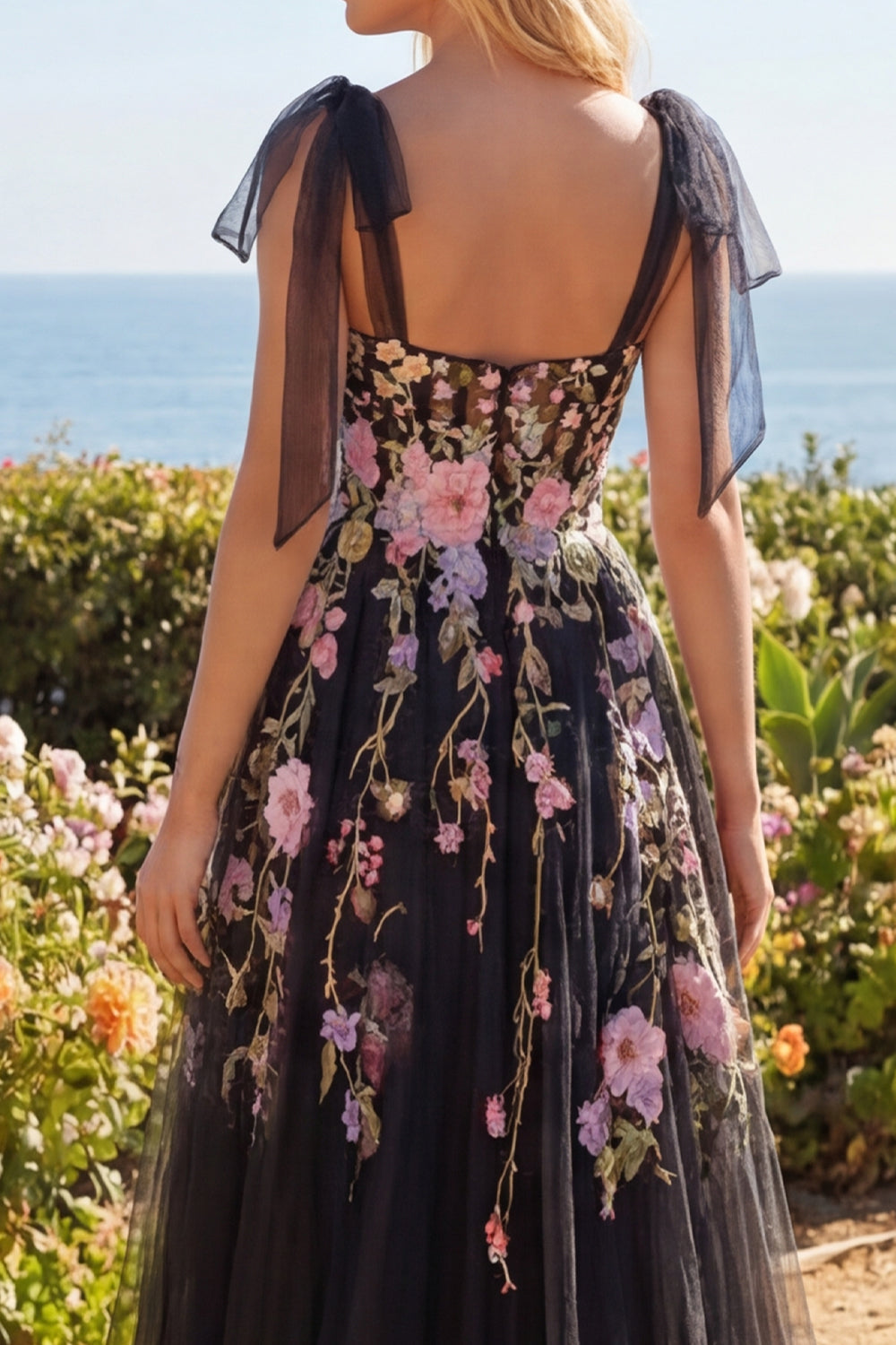 Tulle Black Pink Flower Sweetheart A-Line Embroidered Long Prom Dress with Slit