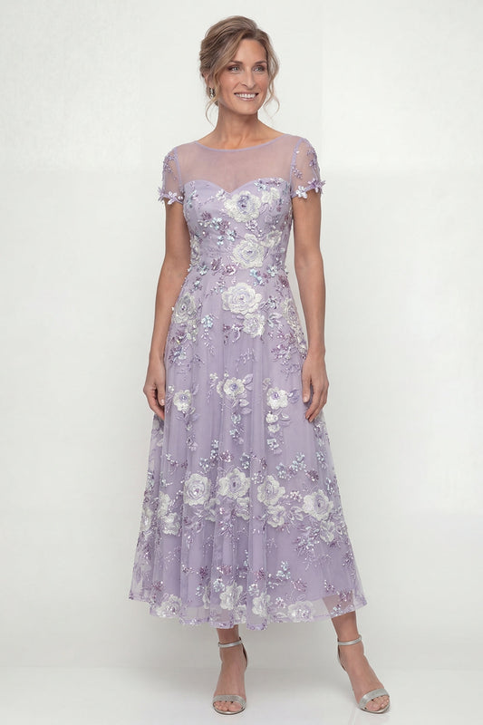 Robe de Demoiselle d'honneur Brodé Violet Poussiéreux Coupe A avec Manches Courtes
