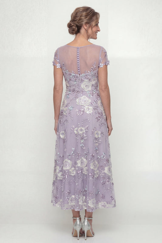 Robe de Demoiselle d'honneur Brodé Violet Poussiéreux Coupe A avec Manches Courtes
