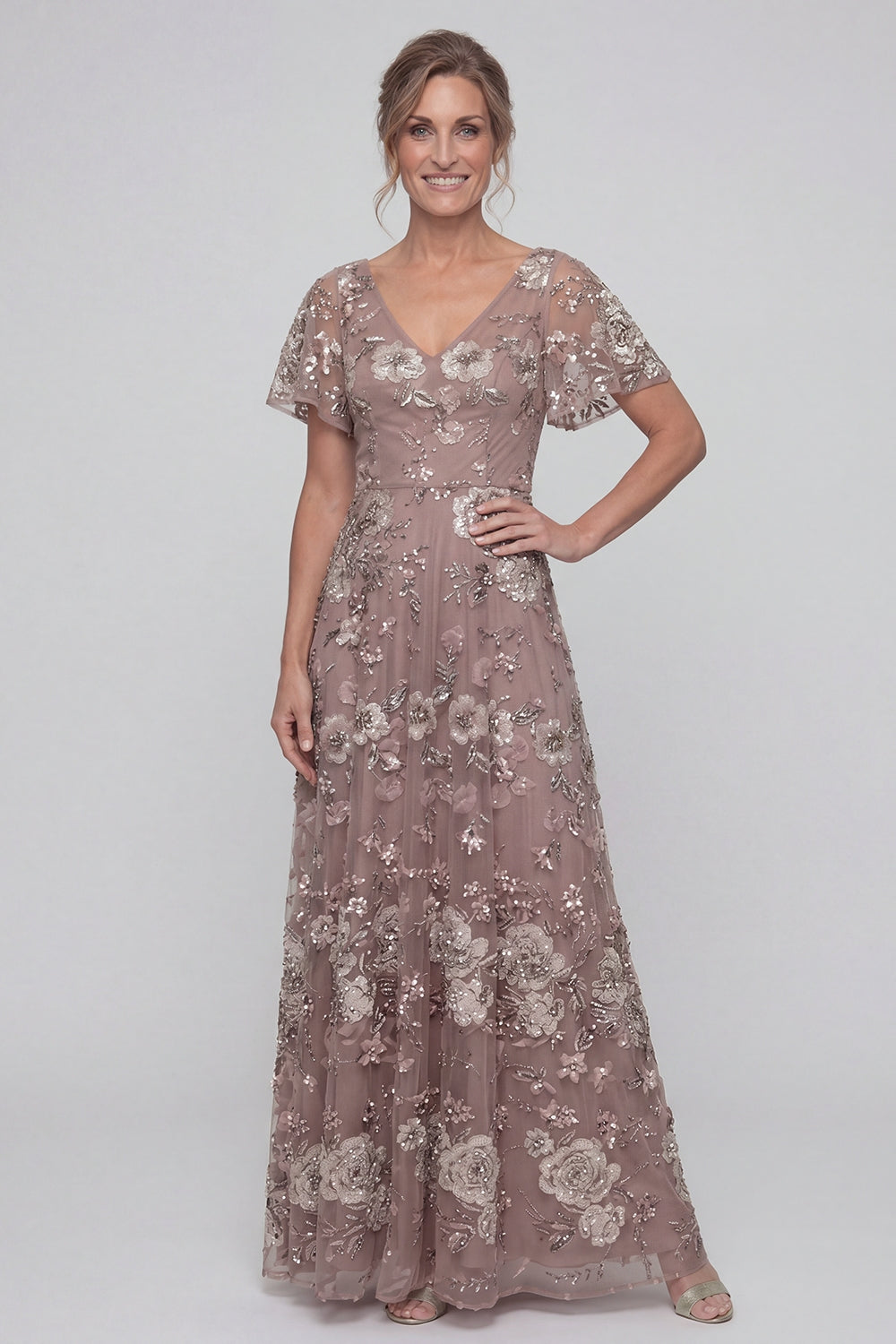 Dusty Rose Sequin A-Line V-Neck Long Mother of the Bride Dress