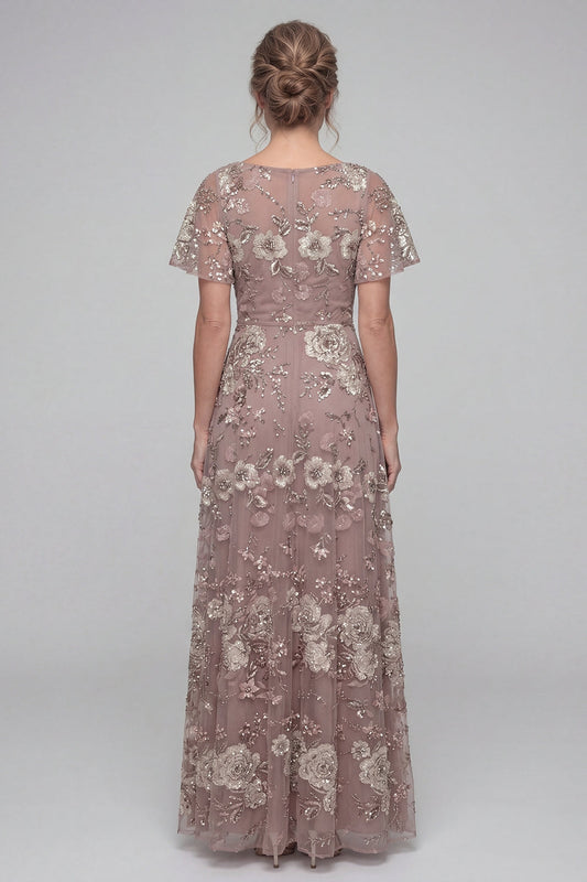 Dusty Rose Sequin A-Line V-Neck Long Mother of the Bride Dress