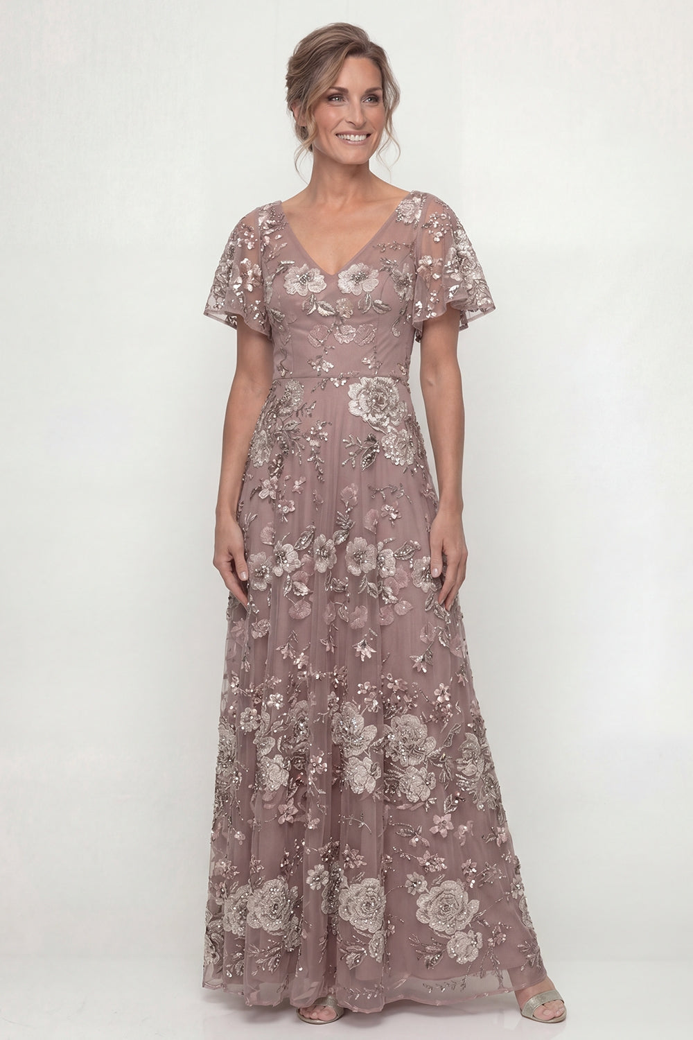 Dusty Rose Sequin A-Line V-Neck Long Mother of the Bride Dress