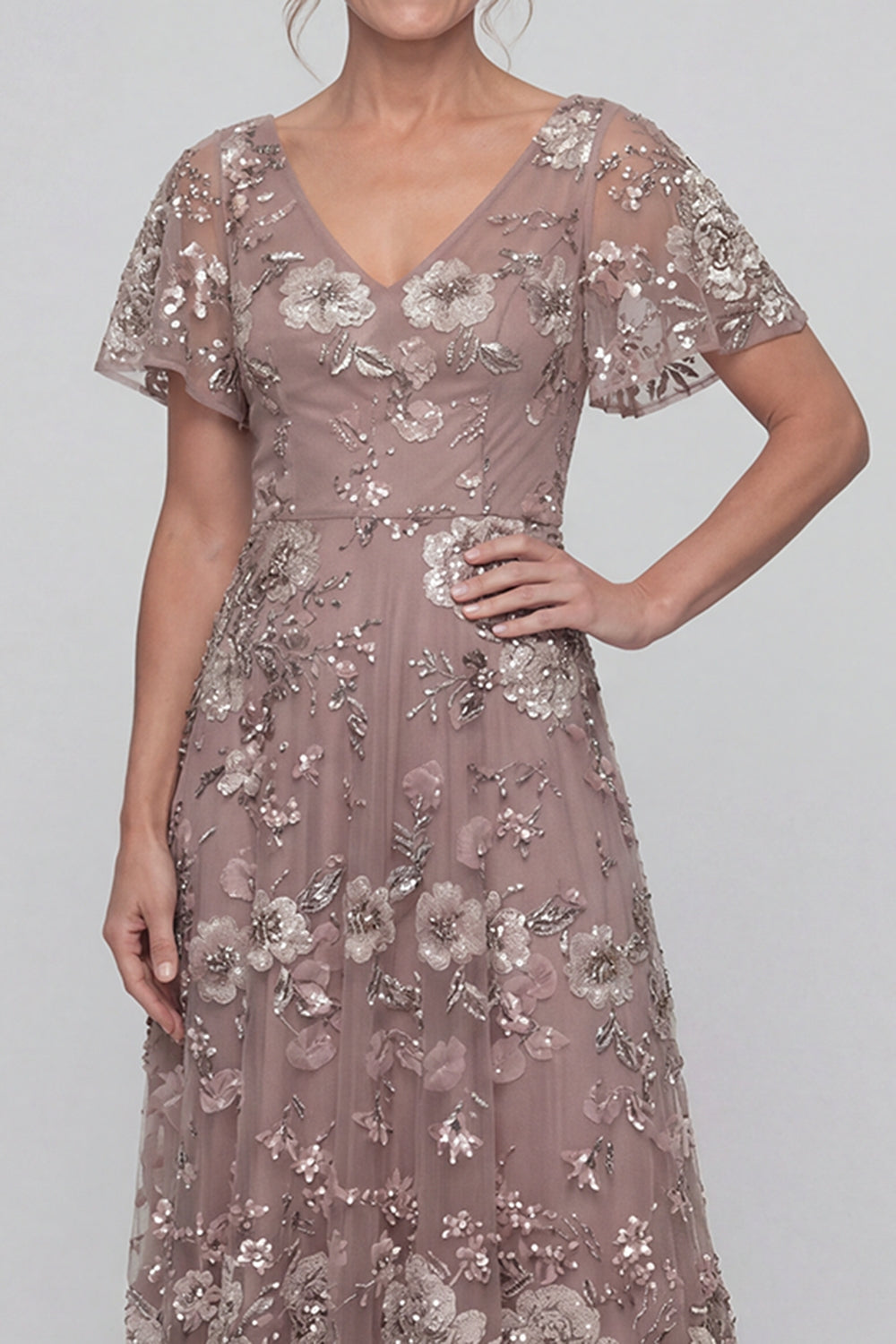 Dusty Rose Sequin A-Line V-Neck Long Mother of the Bride Dress