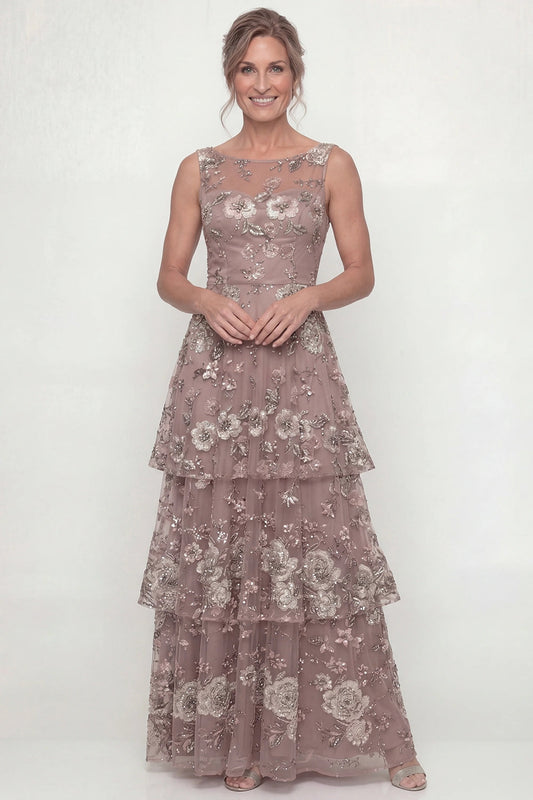 Robe longue de mère de la mariée ligne A à volants étagés Rose Poudré avec sequins