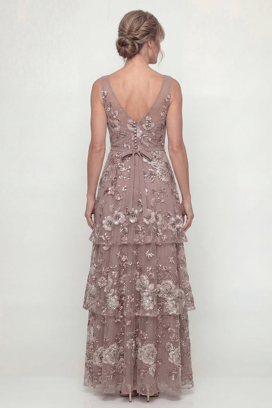 Robe longue de mère de la mariée ligne A à volants étagés Rose Poudré avec sequins