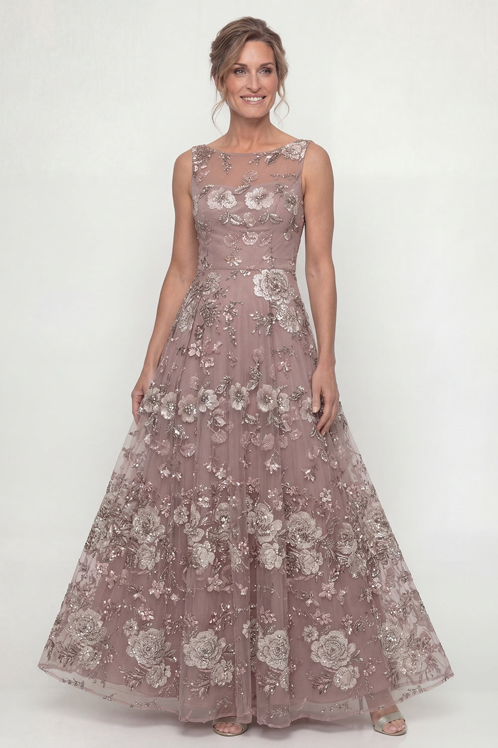 Sparkly Dusty Rose A-Line Sequined Long Mother of the Bride Dress with Embroidery