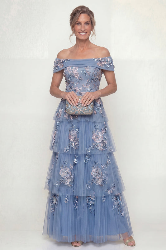 Off-the-Shoulder Dusty Blue Tiered A-Line Long Mother of the Bride Dress with Embroidery