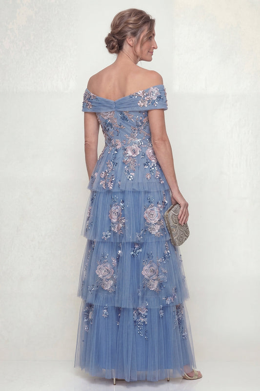 Off-the-Shoulder Dusty Blue Tiered A-Line Long Mother of the Bride Dress with Embroidery