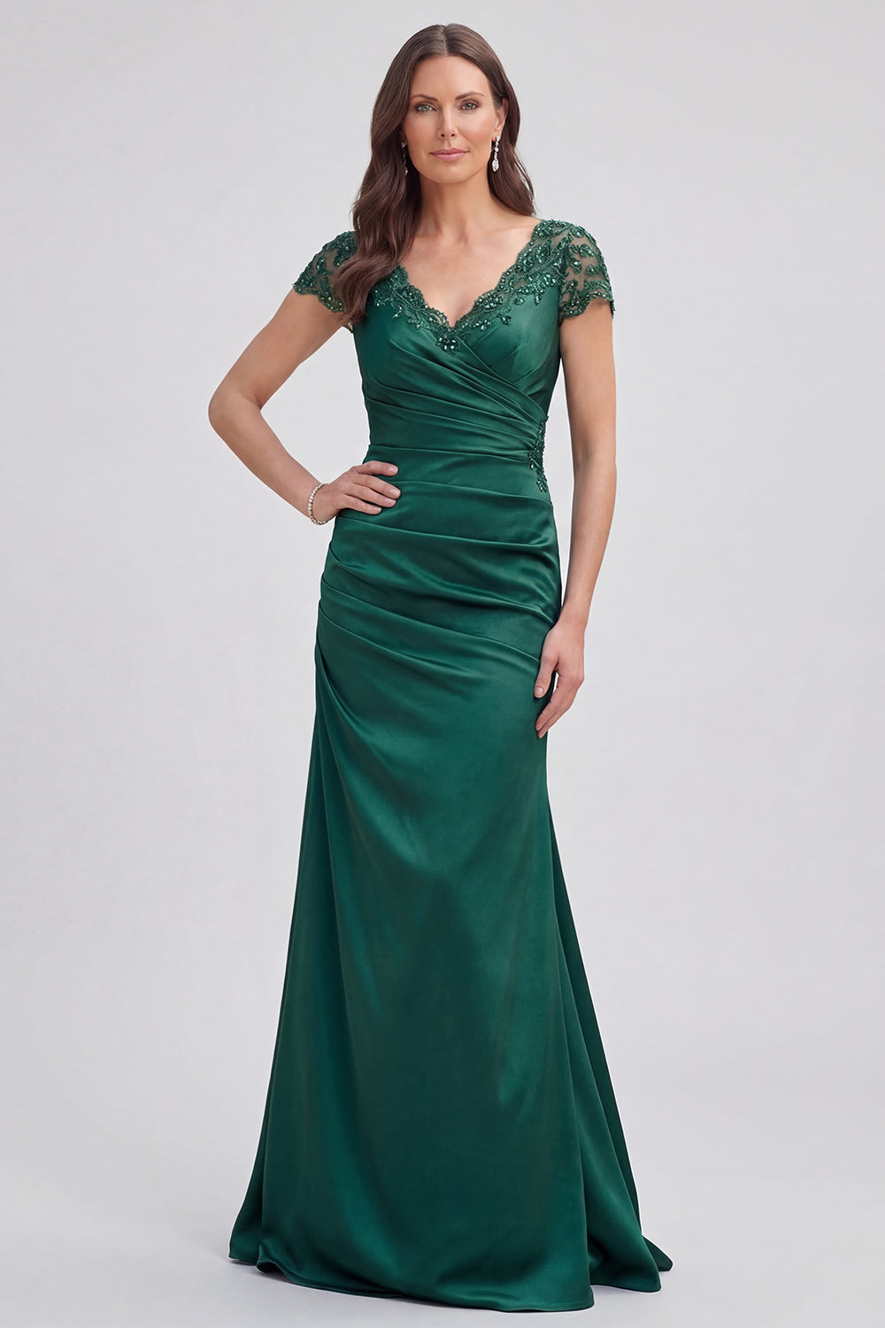 V Neck Mermaid Dark Green Ruched Mother Of Bride Dress