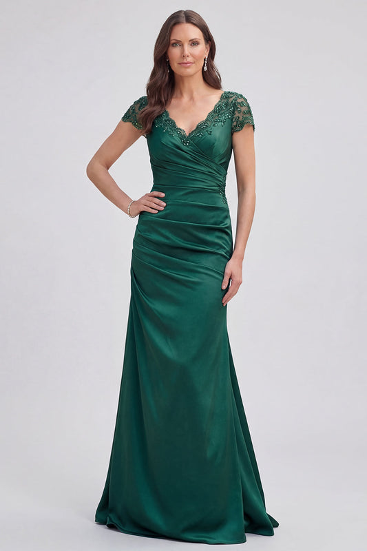 Robe de Mère de la Mariée Vert Foncé Sirène Décolleté en V Froncée