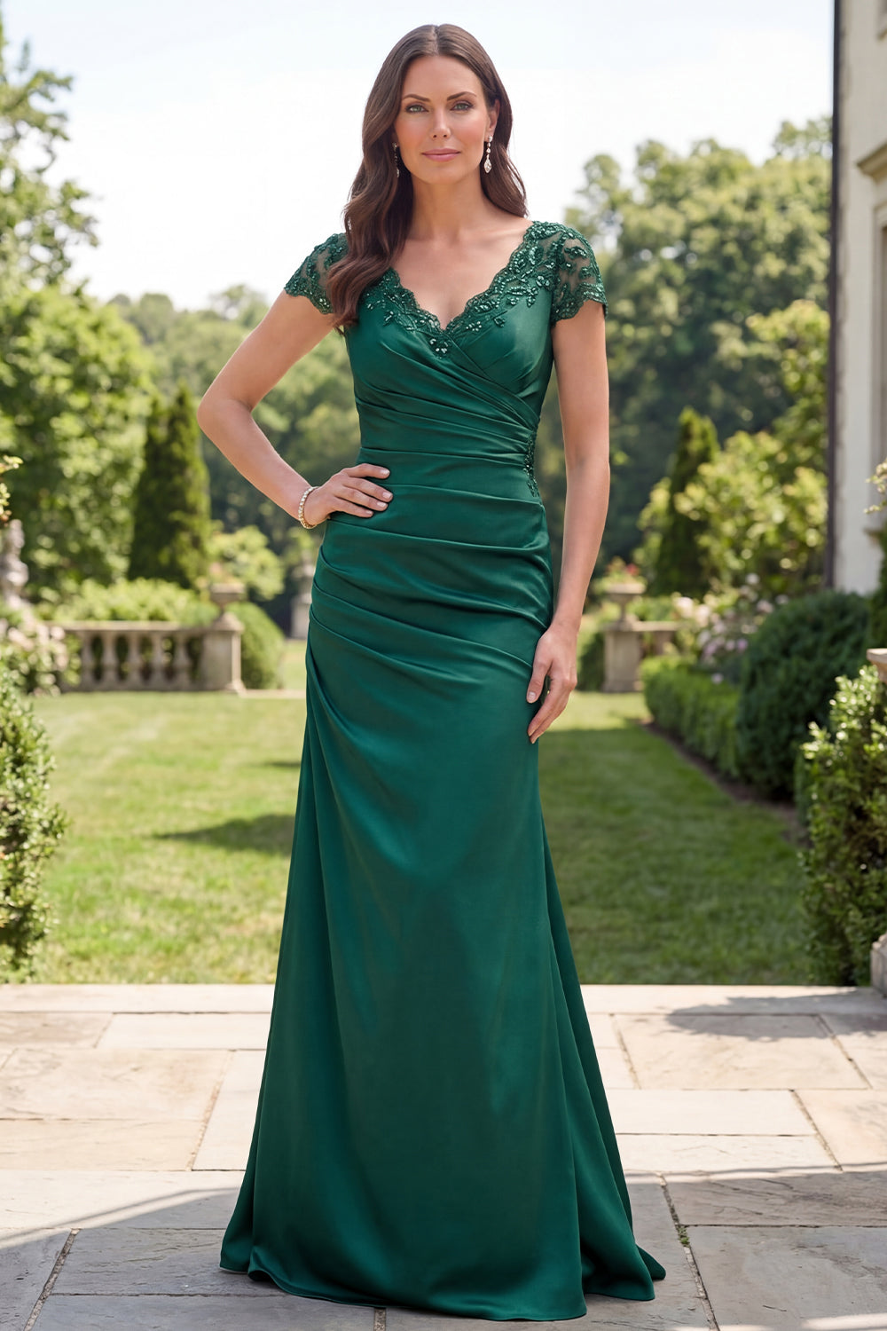 V Neck Mermaid Dark Green Ruched Mother Of Bride Dress