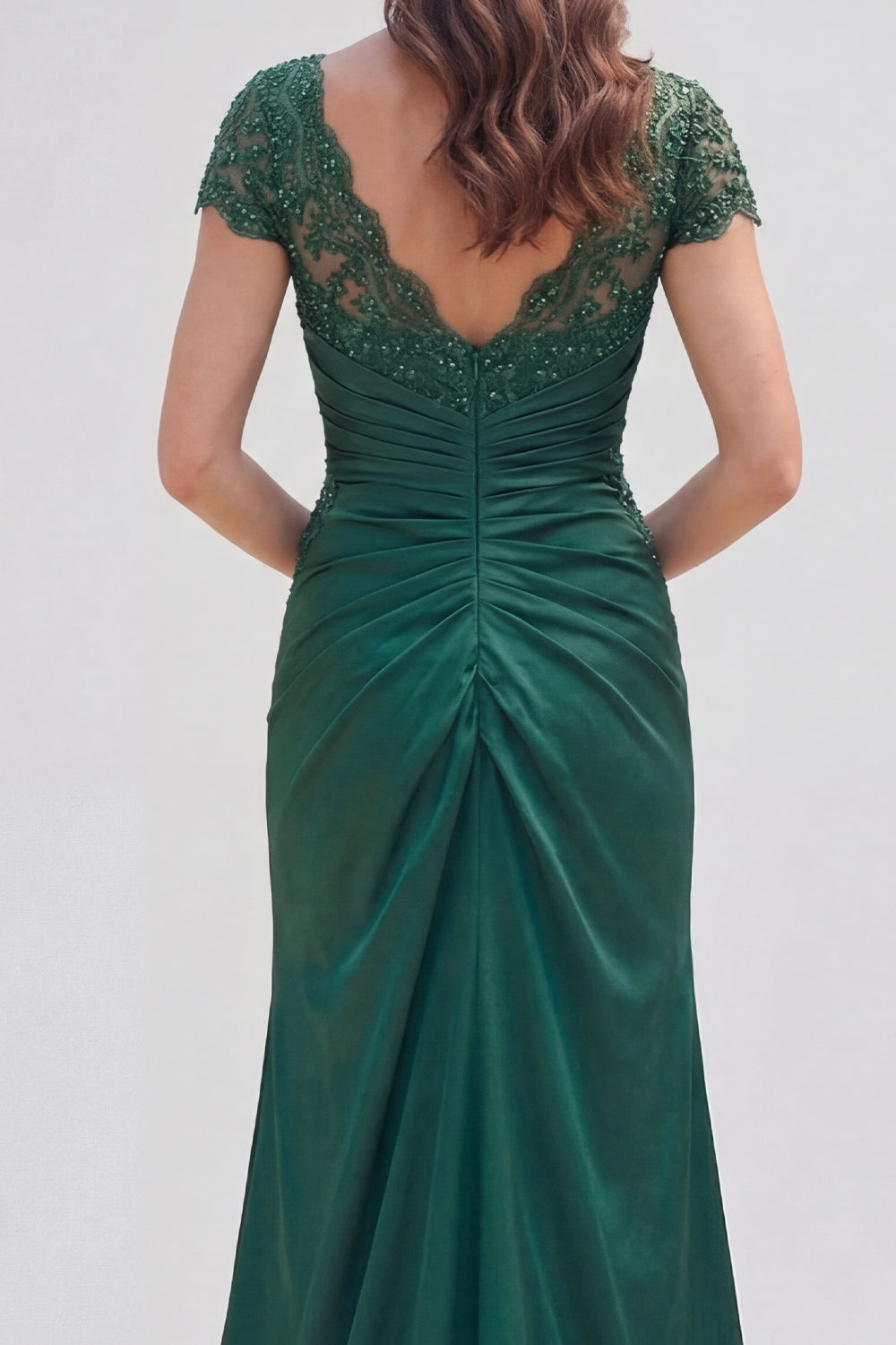V Neck Mermaid Dark Green Ruched Mother Of Bride Dress