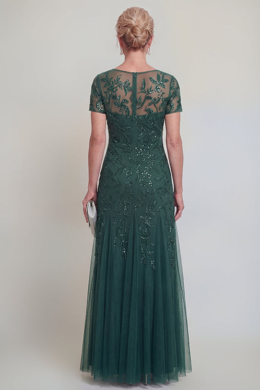 Robe de mère de la mariée vert foncé, ligne A, col rond, avec appliques