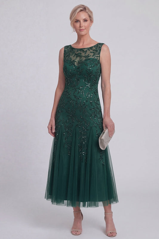 Robe longue vert foncé à fleurs, ligne A, perles, col bateau, pour mère de la mariée