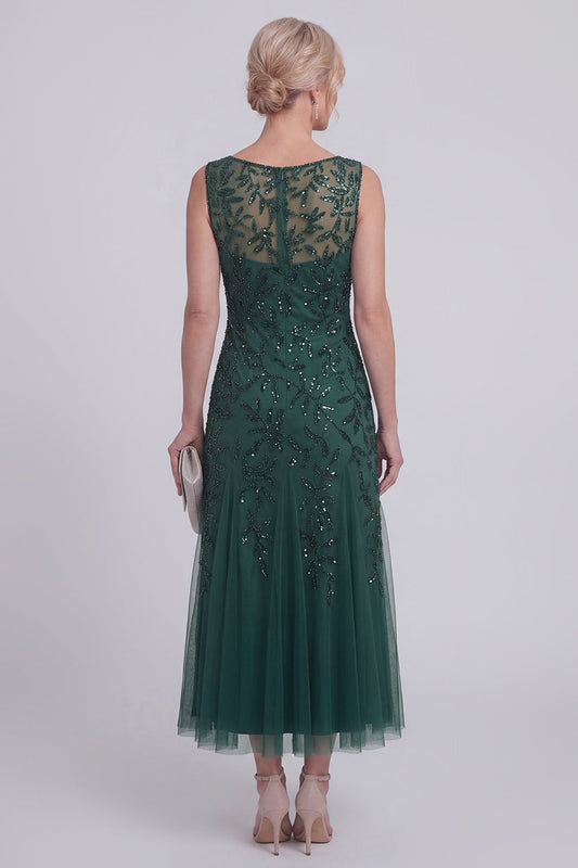 Robe longue vert foncé à fleurs, ligne A, perles, col bateau, pour mère de la mariée