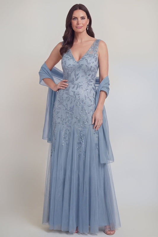 Grey Blue Floral V-Neck A-Line Tulle Long Mother of the Bride Dress