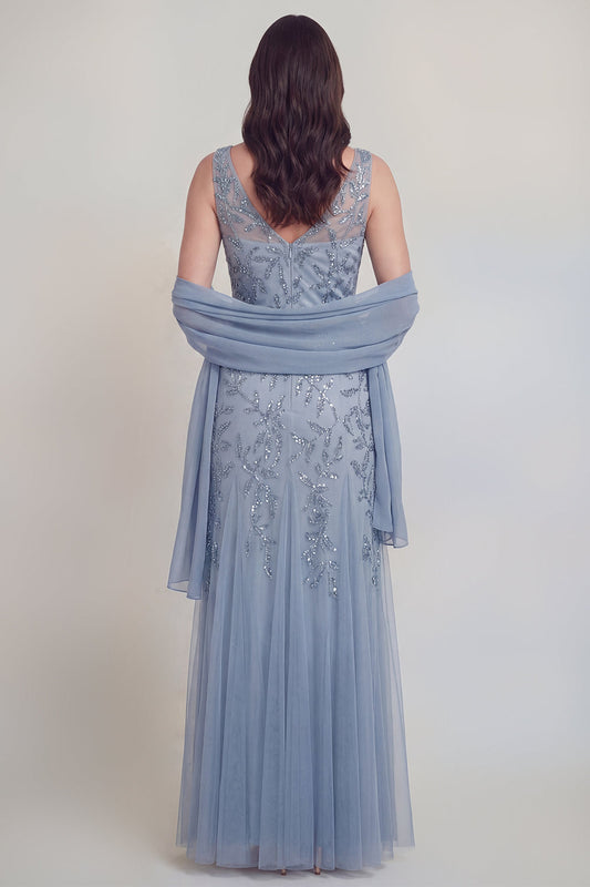 Grey Blue Floral V-Neck A-Line Tulle Long Mother of the Bride Dress