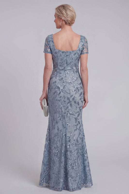 Grey Blue Floral Lace Mermaid Sequins Long Mother of The Bride Dress with Sleeves
