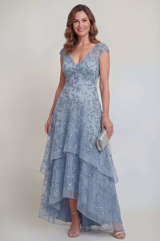Grey Blue Lace Floral A Line Sequins Tiered Long Mother of The Bride Dress with Sleeves