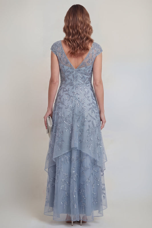 Grey Blue Lace Floral A Line Sequins Tiered Long Mother of The Bride Dress with Sleeves
