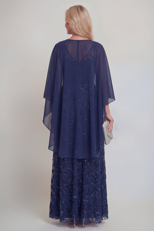Navy Lace Floral A-Line Sequins Long Mother of the Bride Dress with Jacket