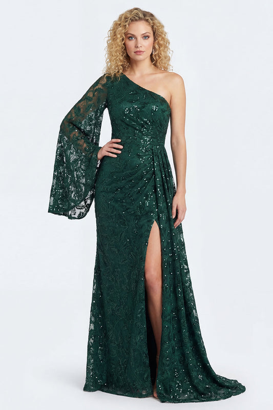 Robe de sirène longue vert foncé en dentelle à manches et à une épaule pour la mère de la mariée