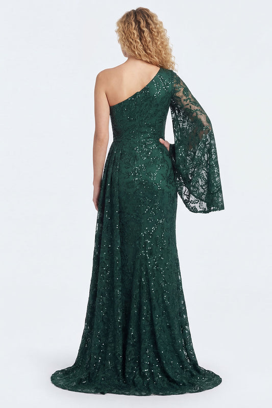 Robe de sirène longue vert foncé en dentelle à manches et à une épaule pour la mère de la mariée