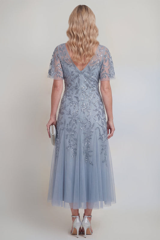 Grey Blue Tulle Floral Sequins V-Neck Long Mother of The Bride Dress with Sleeves