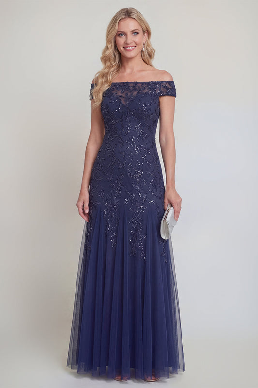 Navy Tulle Floral Sequins Off The Shoulder Long Mother of The Bride Dress