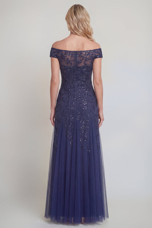 Navy Tulle Floral Sequins Off The Shoulder Long Mother of The Bride Dress