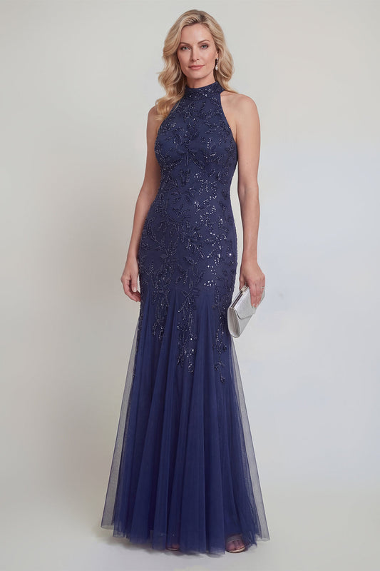Navy Tulle Floral Sequins Halter Mermaid Long Mother of The Bride Dress