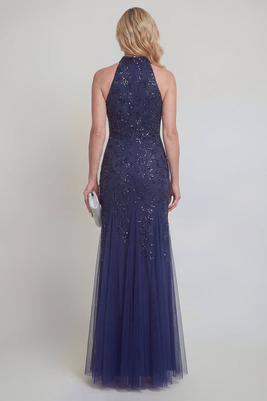 Navy Tulle Floral Sequins Halter Mermaid Long Mother of The Bride Dress