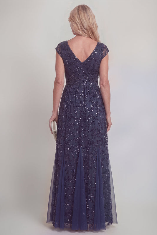 Navy Lace Floral Sequins A-Line V-Neck Long Mother of the Bride Dress with Sleeves