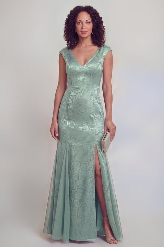 Robe longue sirène vert sauge fleuri décolleté en V avec fente pour mère de la mariée