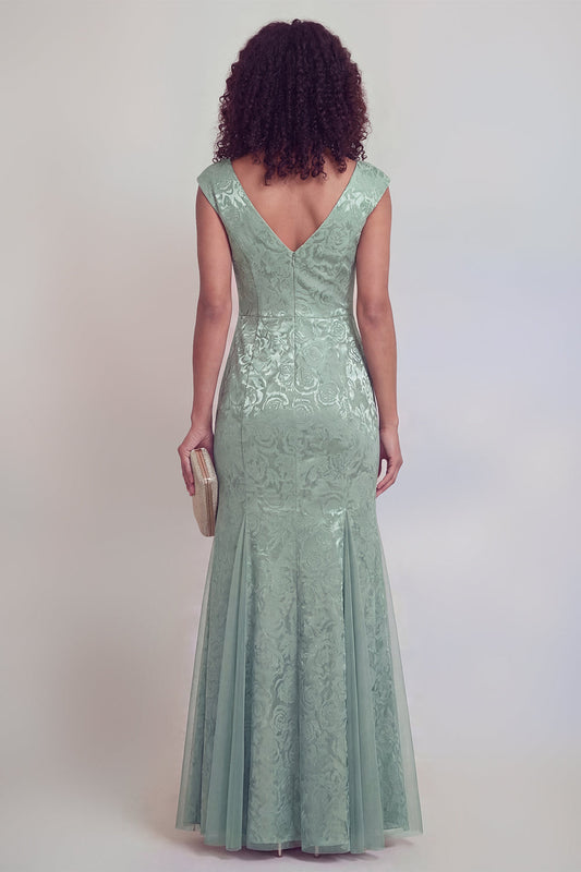 Robe longue sirène vert sauge fleuri décolleté en V avec fente pour mère de la mariée