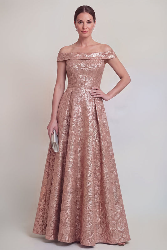 Blush Jacquard Floral Off The Shoulder A Line Long Mother of The Bride Dress