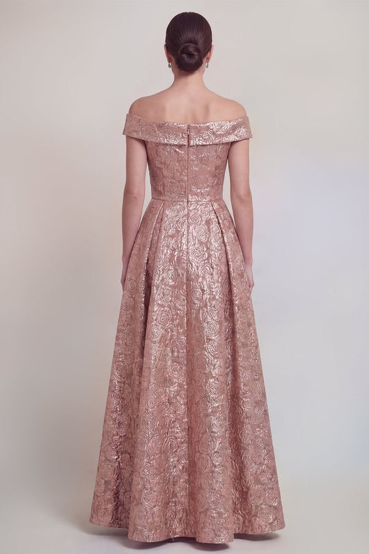 Blush Jacquard Floral Off The Shoulder A Line Long Mother of The Bride Dress