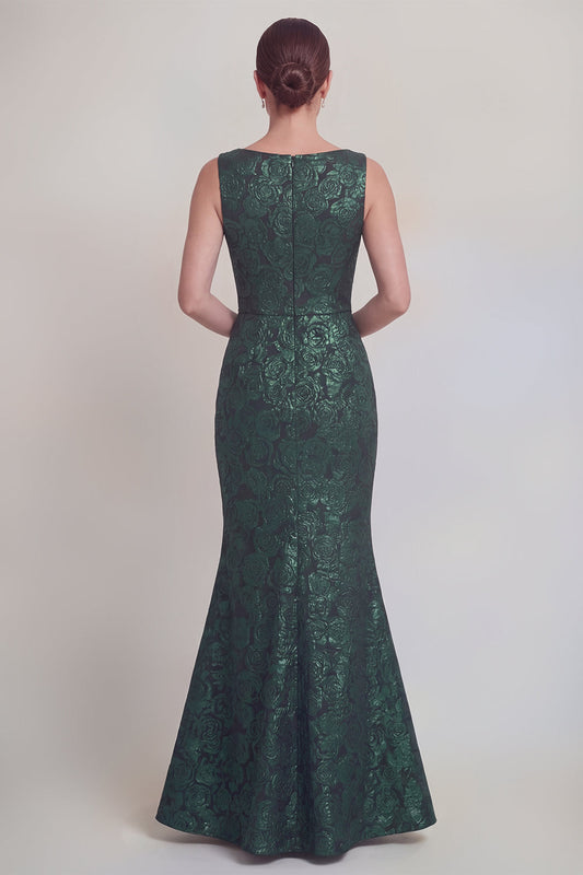 Robe longue de mère de la mariée sirène vert foncé floral à col bateau avec fente