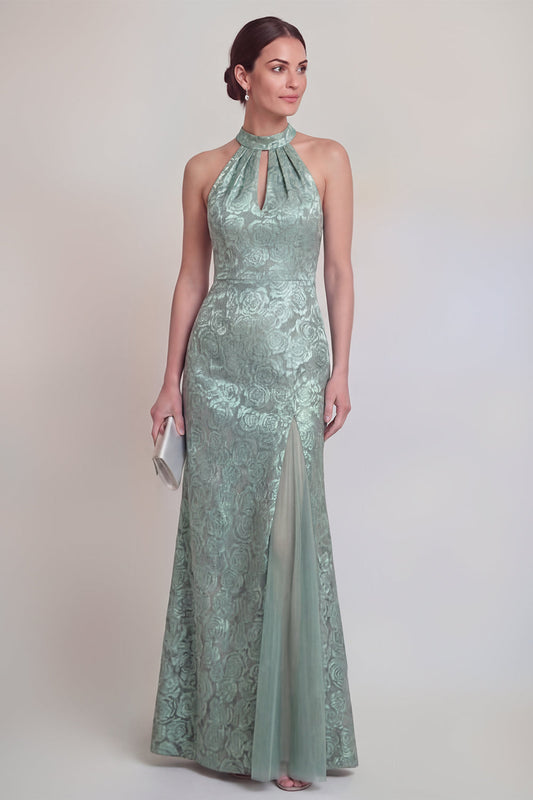 Robe longue de sirène vert sauge fleuri licou avec fente pour mère de la mariée