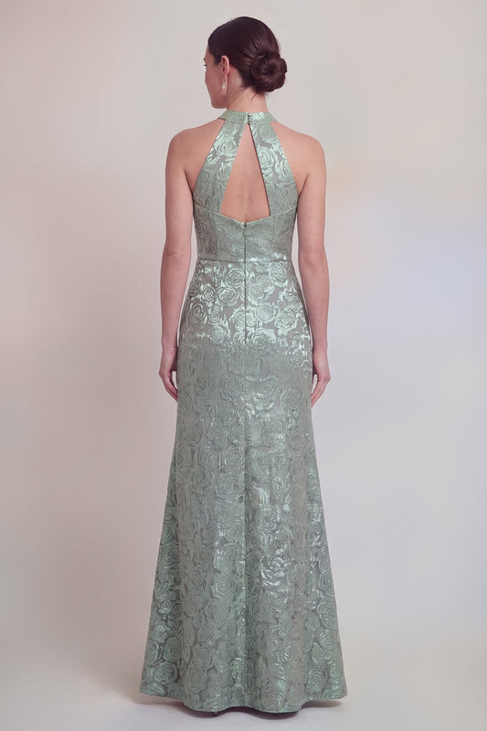 Robe longue de sirène vert sauge fleuri licou avec fente pour mère de la mariée