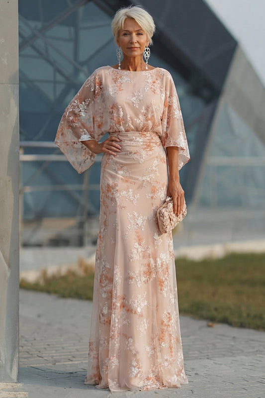 Champagne Boat Neck Mermaid Floral Long Mother of the Bride Dress
