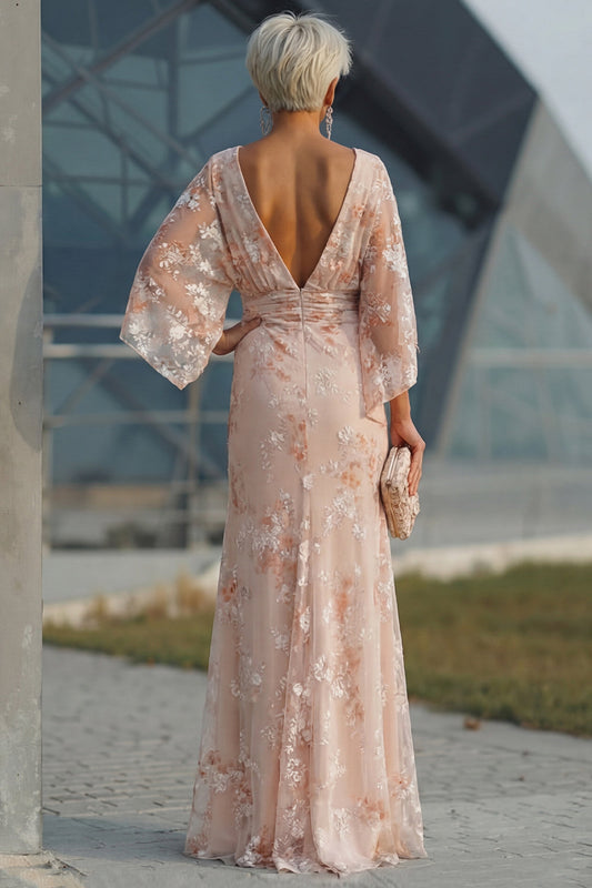Champagne Boat Neck Mermaid Floral Long Mother of the Bride Dress