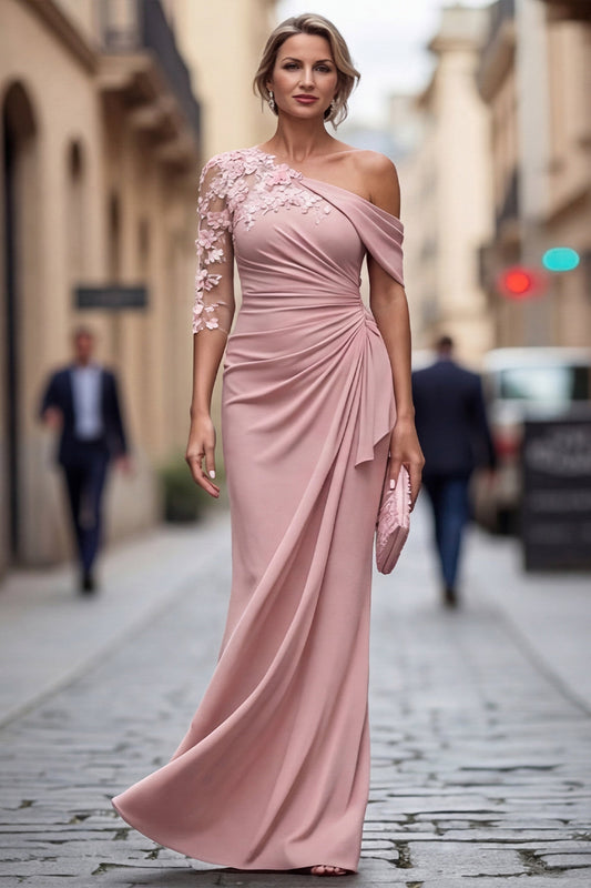 Light Blue One Shoulder Sheath Ruched Long Mother Of the Bride Dress with 3D Flowers