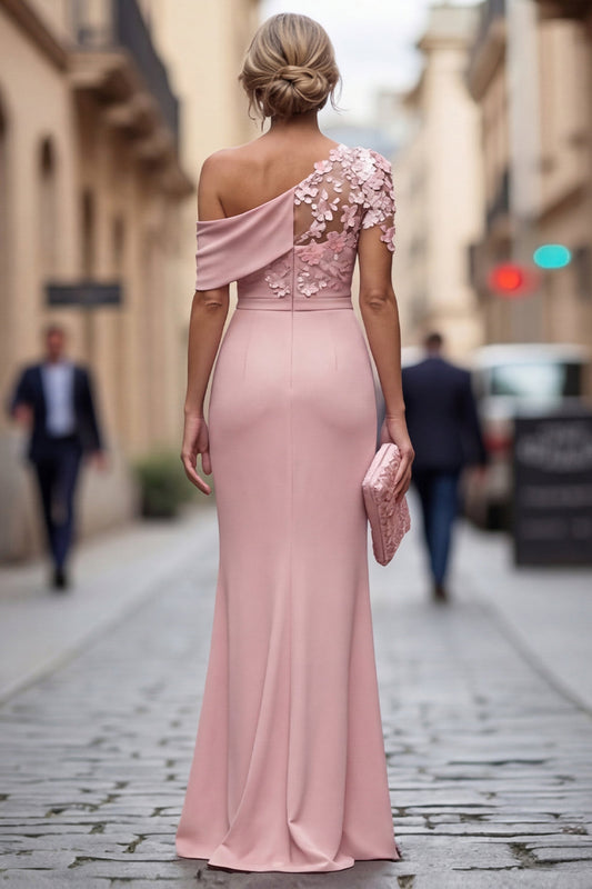 Light Blue One Shoulder Sheath Ruched Long Mother Of the Bride Dress with 3D Flowers