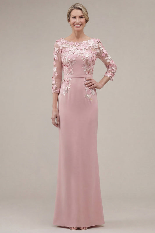 Blush Velvet Sheath Bateau Neck Appliqued Long Mother Of the Bride Dress with 3D Flowers