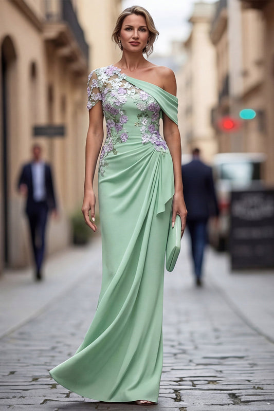 Green Sheath One Shoulder Appliqued Floral Long Mother Of the Bride Dress