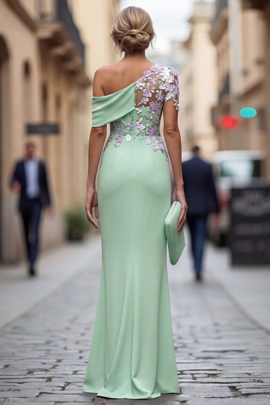 Green Sheath One Shoulder Appliqued Floral Long Mother Of the Bride Dress