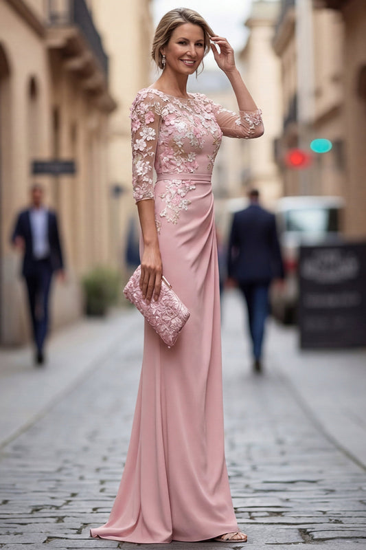 Robe fourreau blush bateau plissée longue mère de la mariée florale avec appliques