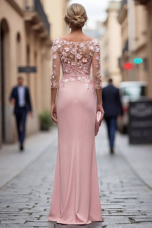 Robe fourreau blush bateau plissée longue mère de la mariée florale avec appliques
