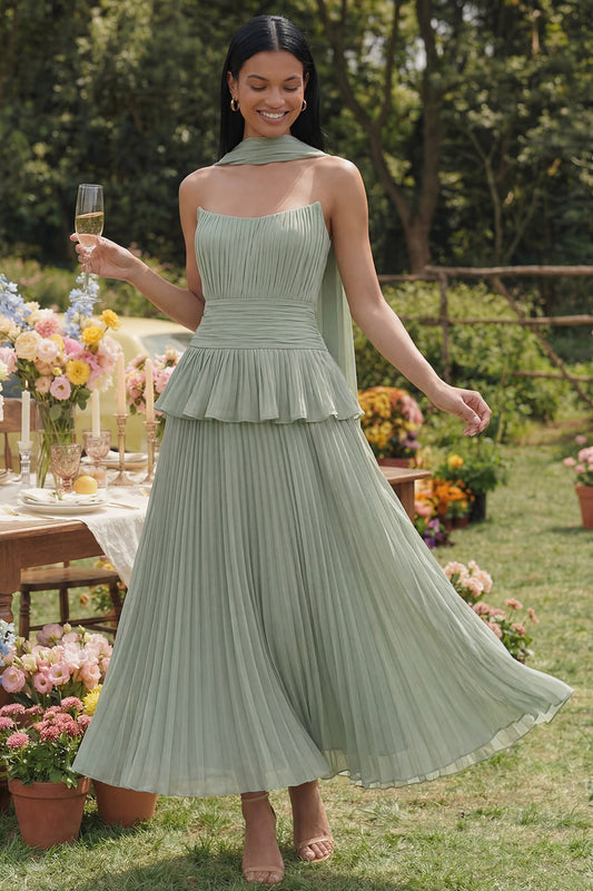A-Line Dusty Sage Strapless Pleated Ruched Ruffled Midi Dress with Neck Scarf